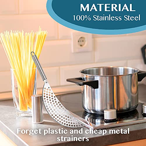 Killer's Instinct Ou Pan Pot Strainer with Handle Stainless Steel Hand Held Crescent Drainer for Spaghetti Fry Noodles Fruit Vegetable Pasta Strainer Colander Heavy Duty Food Drainers - Image 3